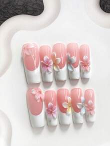 10件甜美風手工穿戴式美甲，Polygel美甲套組，五瓣花設計，粉色、黃色、藍色、白色指甲油，法式風格，含美甲工具，3種尺寸可選，杏仁形、鴨嘴形、棺材形，適合派對、跳舞、日常配戴 - 彩色 - 查看 18