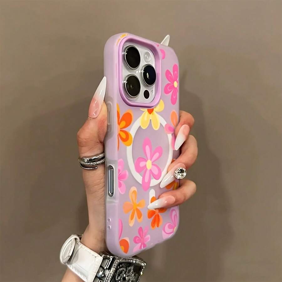 Phone Case: Fashionable And Creative Colorful Floral Pattern Macaron-Colored Skin-Feel Jelly Magnetic Wireless Charging Phone Case, Stylish, Lightweight, High-Quality, Non-Slip, And Fashionable Protection. Simple Design, Scratch-Resistant Shell. - Purple - View 1