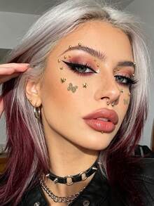 Gold Butterfly Heart Star 3D Large & Small Round Glitter Face Gems Y2K Self-Adhesive Rhinestones, DIY Concert Disco Party Shiny Face Decor - Gold - View 5