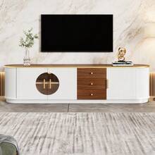 Luxury Style TV Cabinet, Lowboard, Brown Glass, MDF Body, Aluminum Handles, Rounded Edges, Vertical Groove Design - 白色 - 查看 1
