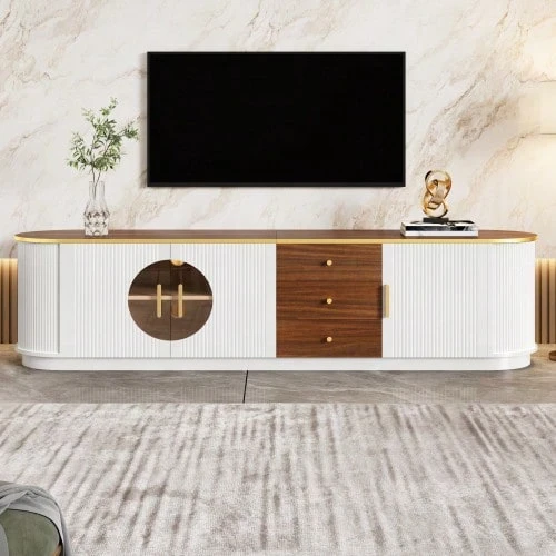 Luxury Style TV Cabinet, Lowboard, Brown Glass, MDF Body, Aluminum Handles, Rounded Edges, Vertical Groove Design - 白色 - 查看 1