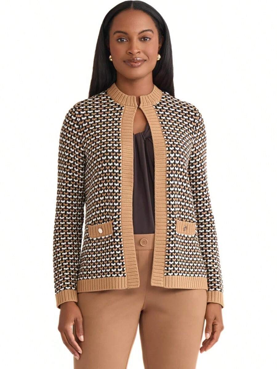 Kasper Women's Textured Cardigan Sweater - Medium Camel Multi - View 1