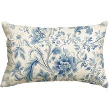 1 pièce Housse de coussin style floral bleu vintage - Housse de coussin décorative carrée, convient pour la décoration de maison rustique bohème, canapé, bureau , Tons neutres, design d'impression unilatérale, insert de coussin non inclus - oreiller lombaire bleu - Voir 9