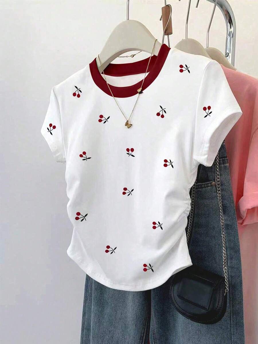 Resyla Versatile Short Sleeve Blouse With Gathered Waist, All-Over Cherry Print, For Summer - White 4 - View 1