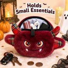 Burgundy Plush Little Devil Coin Purse, Halloween Plaid Bat Wing Cute Monster Pendant Small Bag, Gothic Style Zipper Key Pouch Gift For Girls (Plaid Fabric Pattern Color Random) - Burgundy - View 6