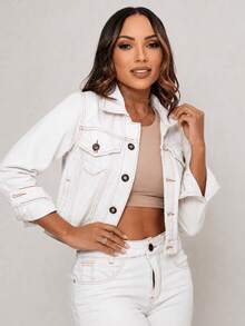 Women's Cropped Short Denim Jacket With Iron-On Button Hem - Mother's Day - Cream - View 6