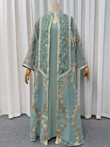 2件組女款亮片珠飾刺繡穆斯林長袍套裝，寬鬆版型伊斯蘭服飾杜拜風卡夫坦，適合開齋節 - 薄荷綠 - 查看 6