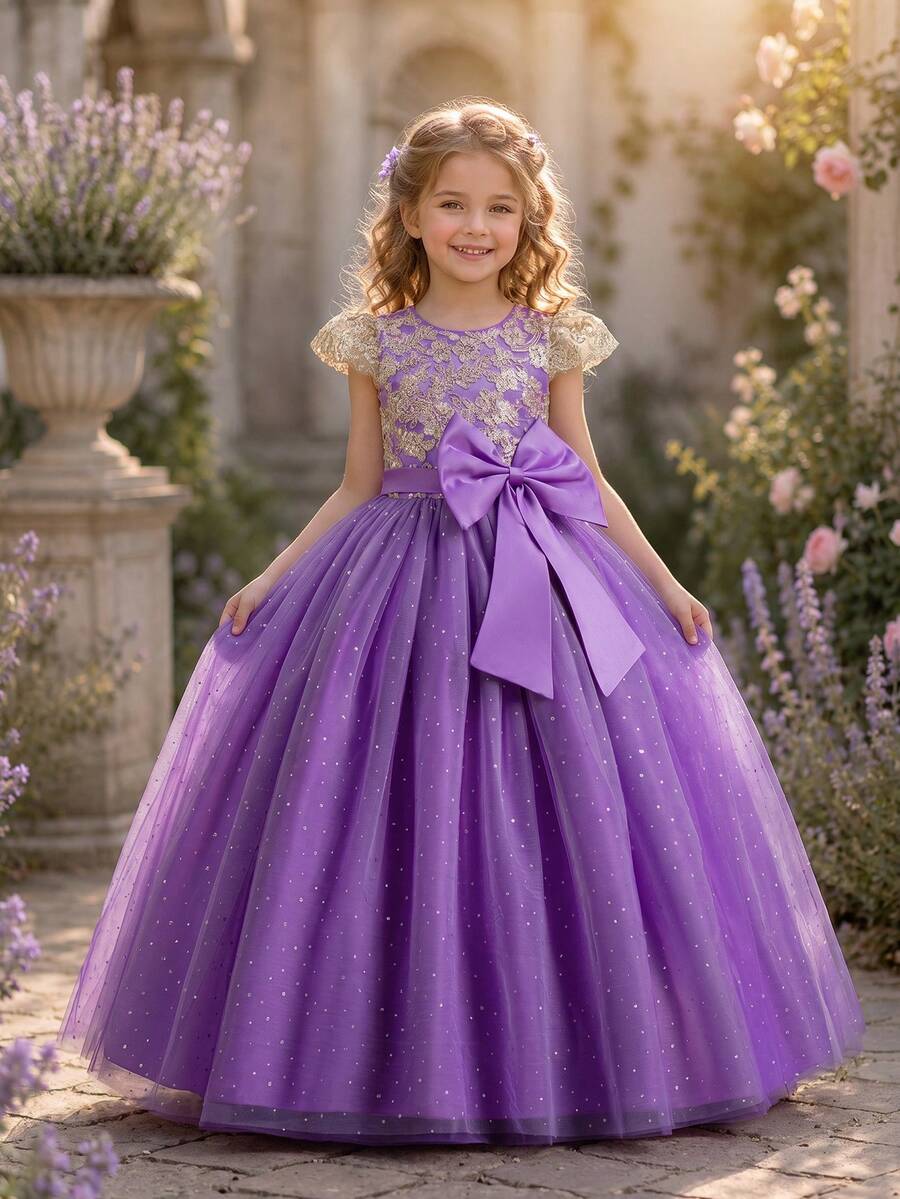 Girls Princess Flower Girl Dress Embroidered Tulle Bow Decor Puffy Ball Gown Prom Birthday Party Piano Recital Wedding Formal Pageant Wear - 紫丁香色 - 查看 1