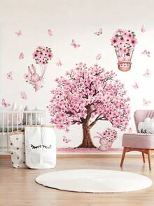 1 pieza Pegatina de pared con conejo rosa de dibujos animados, árbol grande y mariposa, decoración de habitación, calcomanía de pared autoadhesiva, pegatina de pared autoadhesiva semimate removible, adecuada para sala de estar, dormitorio, habitación, decoración del hogar, pegatina de pared, pegatina de vinilo, decoración de primavera, añade vitalidad a tu hogar, pegatina decorativa Rama, regalo de cumpleaños y graduación - Varios estilos - Ver 5