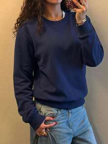 Women's Navy Blue Loose Crew Neck Sweatshirt, Solid Color Long Sleeve Comfortable Pullover, Autumn Women's Clothing, Winter Women's Clothing - Navy Blue - View 7