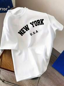 Modern, Simple, Current Style, With "NEW YORK" Letter Pattern, Men's Short-Sleeved Crew Neck T-Shirt, Casual, Sporty And Slim Fit. - 白色 - 查看 1