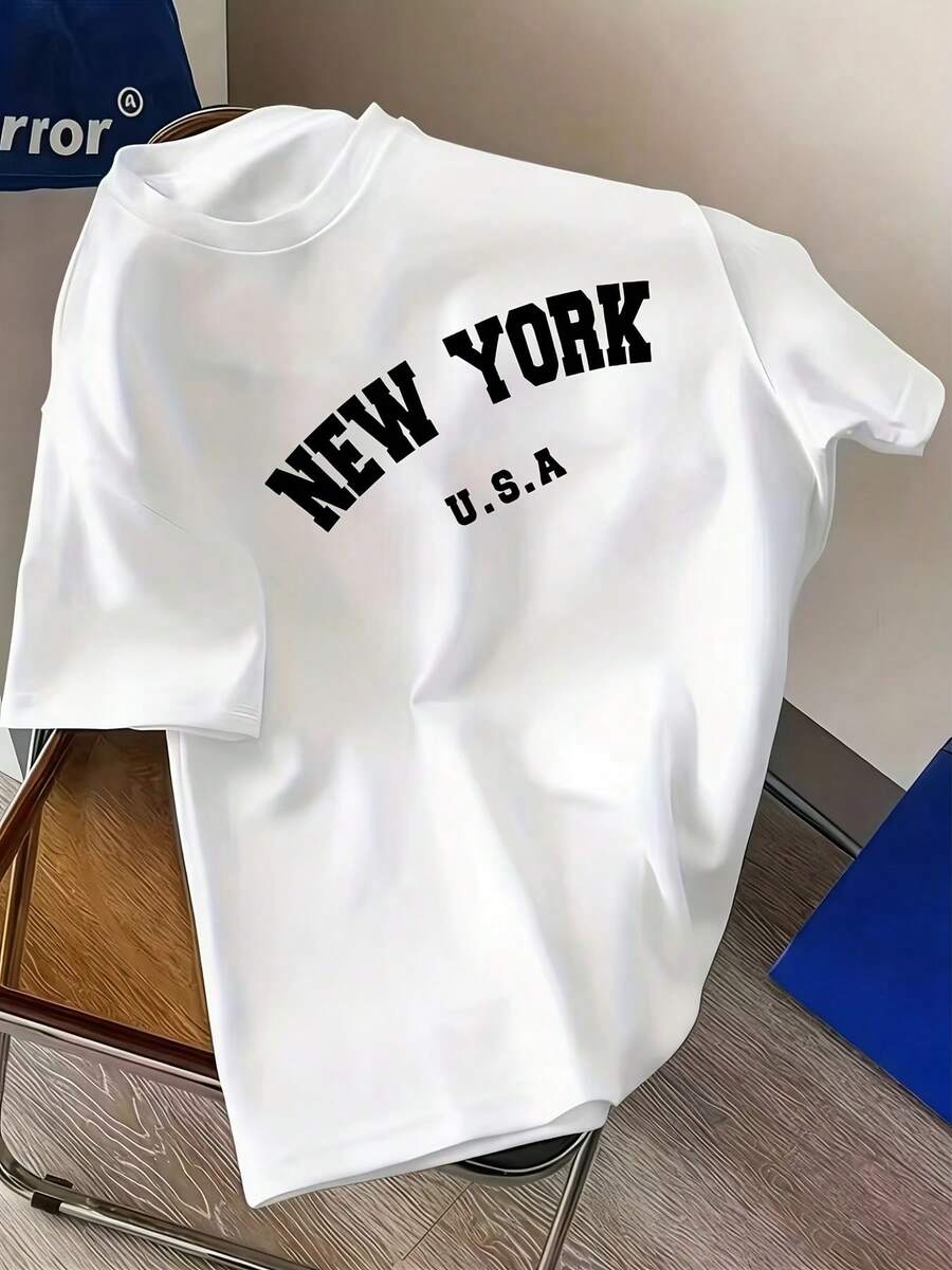 Modern, Simple, Current Style, With "NEW YORK" Letter Pattern, Men's Short-Sleeved Crew Neck T-Shirt, Casual, Sporty And Slim Fit. - 白色 - 查看 1