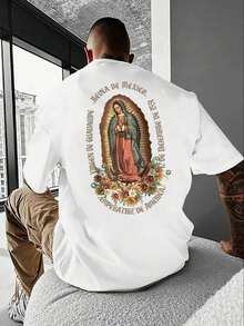 Camiseta Casual de Verano para Hombre con Cuello Redondo |   Estampado de la Virgen María en Estilo Cartoon, Tejido de Punto, Corte Regular, Impreso y Enviado en los Estados Unidos - Blanco - Ver 1