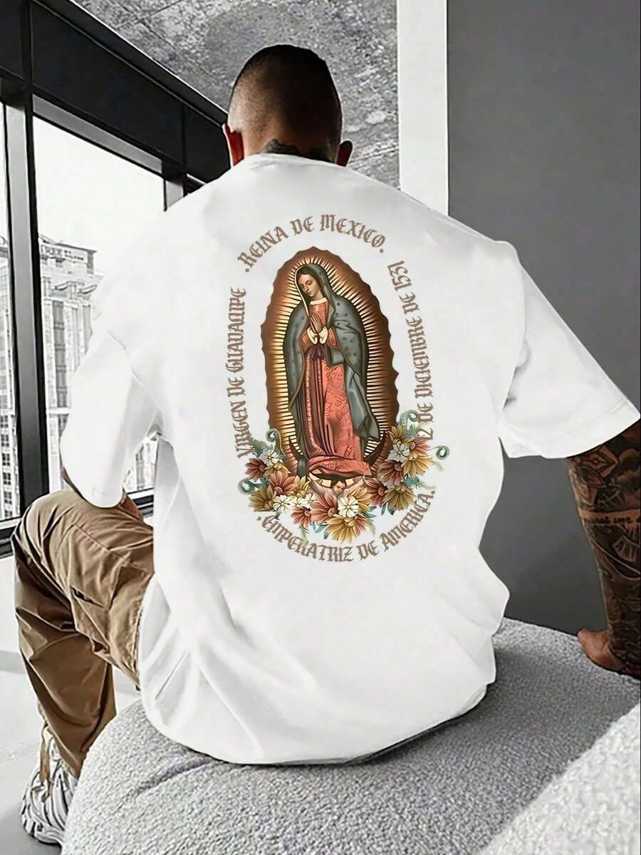 Camiseta Casual de Verano para Hombre con Cuello Redondo | Estampado de la Virgen María en Estilo Cartoon, Tejido de Punto, Corte Regular, Impreso y Enviado en los Estados Unidos - Blanco - Ver 1