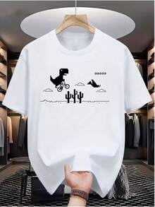 Camiseta de Verano de Manga Corta con Cuello Redondo y Estampado de Dinosaurios Montando en Cactus en la Noche del Desierto, Adecuada para Entusiastas de Videojuegos, Fibra Transpirable, Lav - Blanco - Ver 1