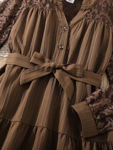 Left Mama Girls Elegant Vintage Floral Mesh Long Sleeve Dress, Spring/Autumn Pastoral Style - Brown - View 5