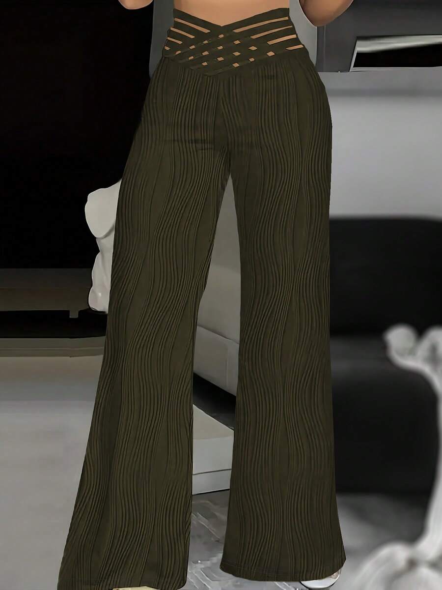 Women's Trousers 2025 Summer Fashion Overlay Waist Mesh Sheer Patch Casual Plain High Waist Wide Leg Long Flared Trousers Streetwear - 橄欖綠 - 查看 1