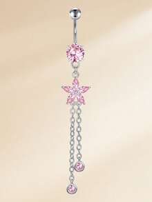Pink Belly Rings Belly Button Ring Dangling Navel Belly Piercing Jewelry Pink CZ Butterfly Flower Navel Belly Rings Dangling Belly Button Piercing - Silver Pink - View 6
