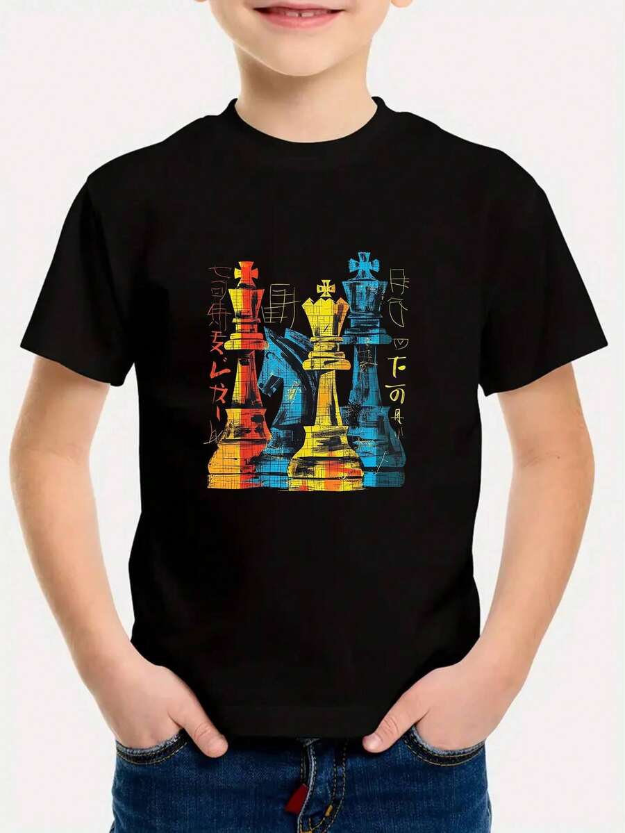 torneos de ajedrez y uso casual - Regalo ideal para jóvenes jugadores de ajedrez, diseño ' Playwear, Playful ', camisa con estampado colorido, ropa duradera, tejido transpirable, 'S Apparel' - Negro - Ver 1