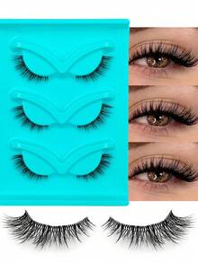 Asiteo 3 Pairs Natural 2/3 Eyelash Clear Band Angel Lashes Fluffy Soft Lashes, Cat Eye Lashes Crossed & Wispy False Eyelashes, Portable Makeup Travel Lashes Suitable For Beginners - Black - View 2