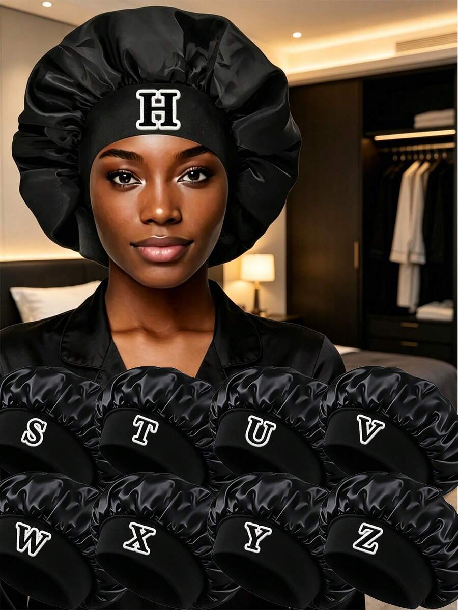 Silky Black Customized Initial Satin Sleep Cap, Elastic Wide Brim Hair Protection Cap, Soft Smooth Night Cap, Reduces Curly Hair Breakage - Black Letters - View 1