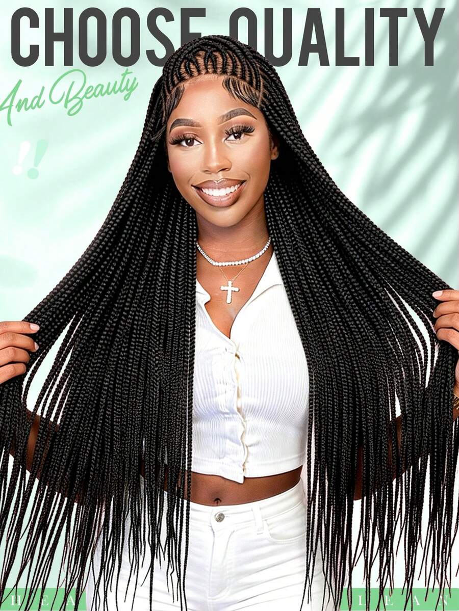 A ANYTIME Hand Tied Full Swiss Lace Braided Wig 34 Inch Long Black Box Braids Synthetic Braids Wigs Realistic Hairline For Women, Halloween - Multicolor - View 1