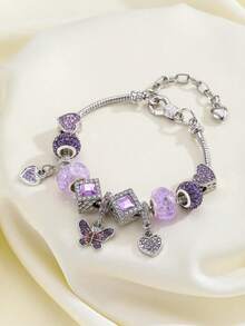 1pc Elegant Purple Square Heart Beaded Butterfly Pendant Bracelet For Teenagers, Daily Wear - Multicolor - View 2