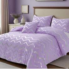 3/4 Piece Grey Silver Geometric Wavy Striped Metallic Foil Print  Bed Comforter Set, All Season Soft Microfiber Fits Modern Bedroom Decor For Teen Girls Boys, 3 Pieces For Twin/TwinXL Size, 4 Pieces For Full/Queen/King Size. Halloween Christmas Decor - 灰色 - 查看 1