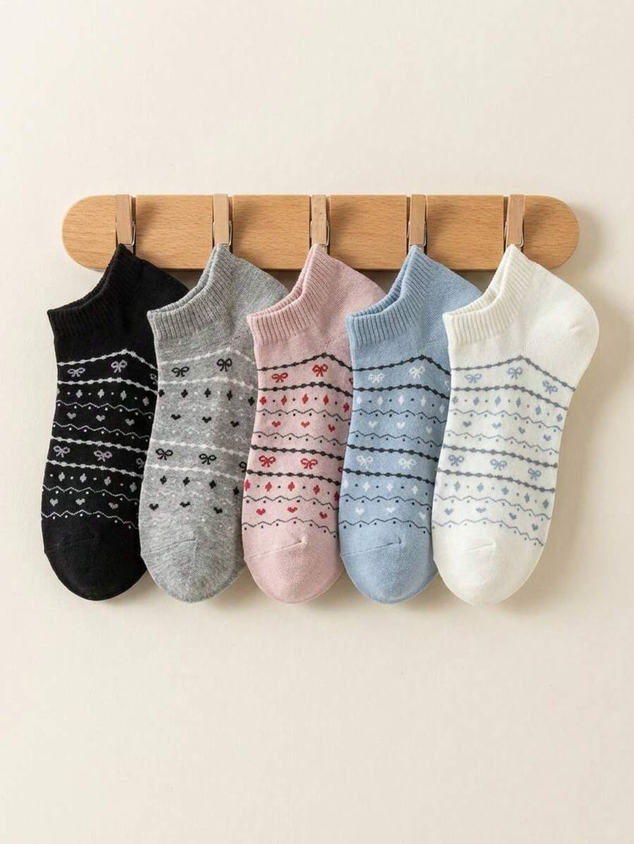 5 Pairs Popular Floral Vintage Bow Short Socks - Multicolor - View 1