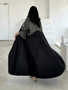 Middle Eastern Style Robe, Fashion Patchwork Design With Drawstring Cuffs, Elegant Fitted Long Dress, Casual Summer Holiday Dress - Grey - View 7