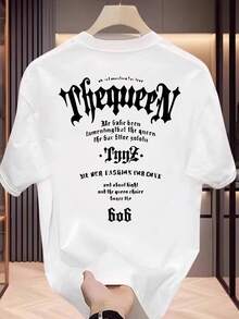 Unisex Short-Sleeved T-Shirt In Pure Cotton With "My Queen" Letter Print For Men, Versatile - White - View 1