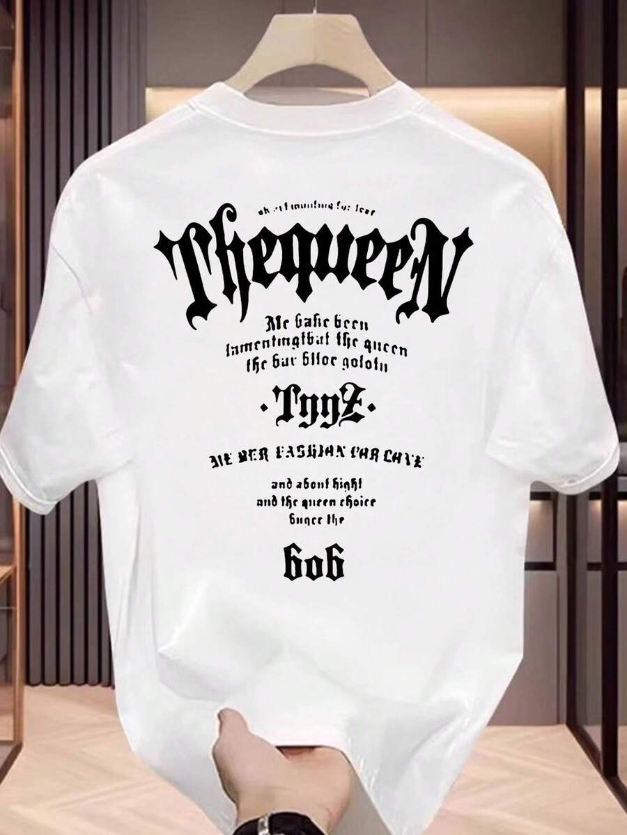 Unisex Short-Sleeved T-Shirt In Pure Cotton With "My Queen" Letter Print For Men, Versatile - White - View 1