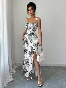 Women's Floral Mermaid Maxi Dress With Thin Straps And Bow, Square Neck, Ruched, Bodycon, For Wedding Guests, Beach Vacations And Date Nights. - 灰色 - 查看 4