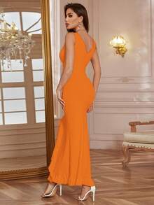 Long Strappy Dress, European And American Style, 2026 Spring-Summer, Sexy V-Neck With Ruffles And Side Slit, Fitted Cut - Orange - View 2