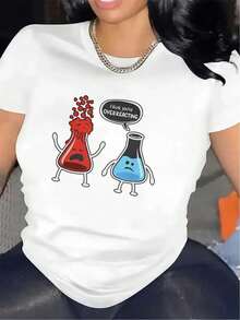 Polyester Short Sleeve T-Shirt With Fun Chemistry Lab Design, Lightweight And Durable For Casual Use In The Kitchen Or Lab, Featuring Red And Blue Flask Characters And The - White - View 1
