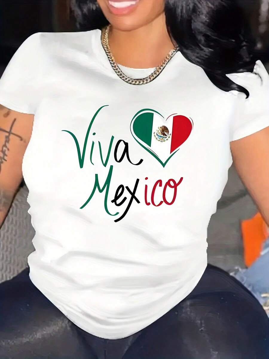 Women's Casual Short-Sleeved T-Shirt With A Heart-Shaped Design Of The Mexican Flag And The Phrase 'Viva México'. It Has A Round Neck, Breathable And Stretchy Fabric. - 白色 - 查看 1