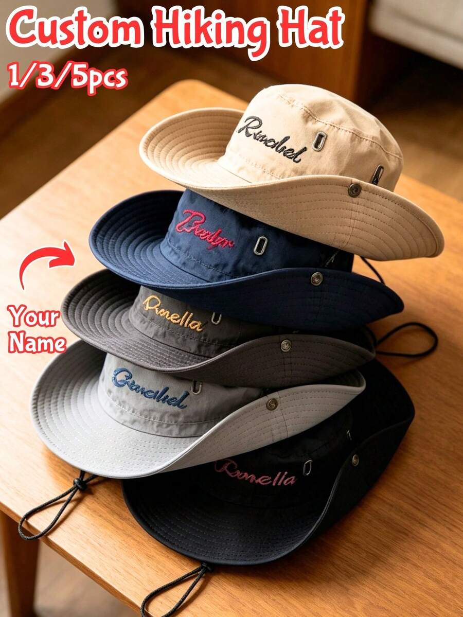 1/3/5 Pcs Custom Embroidered Name Wide-Brim Hiking Hat, Sun Hat With Chin Strap, UV-Protective Outdoor Cap, For Fishing, Camping, Unisex, Matching Group Hats - Multicolor - View 1