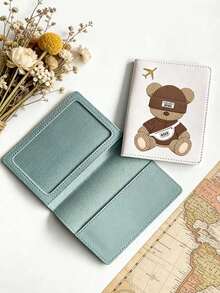 Cute Bear Pattern Passport Holder, Lightweight PU Leather Passport Cover With Airplane Print, Portable Travel Document Organizer, Gift For Travel Enthusiasts - Multicolor - View 3
