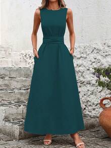 Sleeveless Casual Dress With Back Tie. Solid Color, Cool And Versatile. - Green - View 4