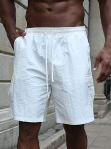Men's Plain Color Summer Casual Shorts With Pockets - White - View 4