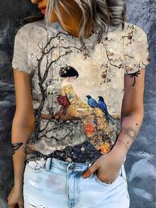 Women's One-Piece Summer T-Shirt, Round Neck And Short Sleeves, With Floral And Bird Print In Japanese, Korean And Chinese Style, Retro, Elegant And Casual, With Delicate Colors - 灰色 - 查看 1