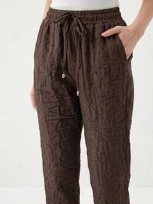 WOMEN CASUAL LOOSE FİT PANTS ELASTİC WAİST - Brown - View 1