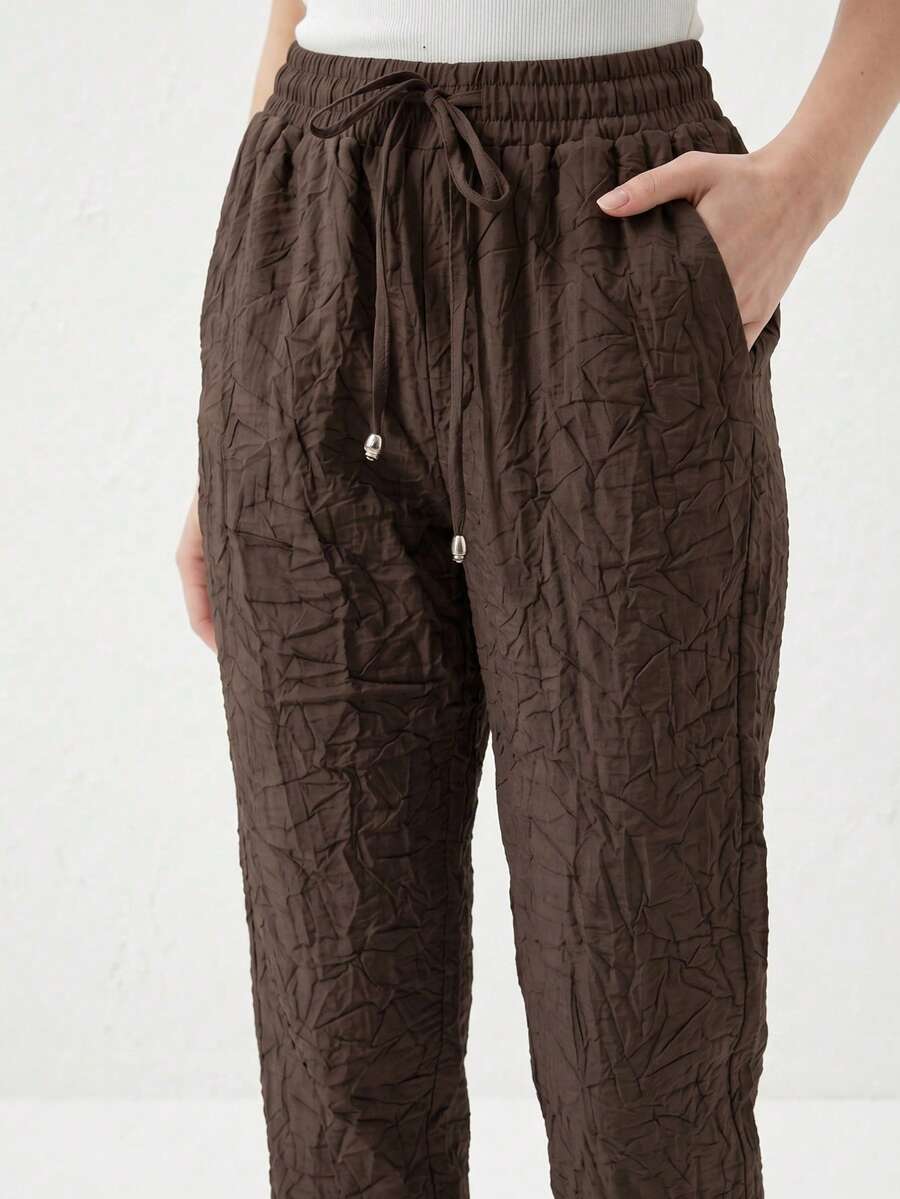 WOMEN CASUAL LOOSE FİT PANTS ELASTİC WAİST - Brown - View 1
