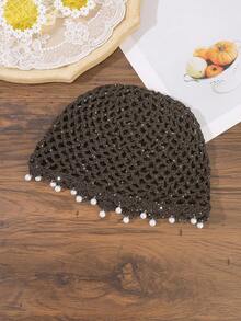 1pc Vintage Hollow Knit Beanie, Pearl Pendant Headscarf, Vacation Style Mesh Hat - Multicolor - View 10