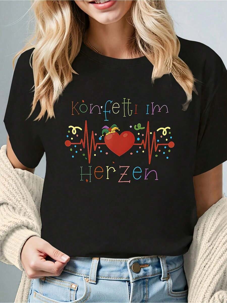 Camiseta de Carnaval - Confeti en el Corazón y Adecuada para Uso Casual - Blusa de Manga Corta con Cuello Redondo - Lavable a Máquina - Atuendo de Carnaval, Regalo para Festivales. Camisa es - Negro - Ver 1