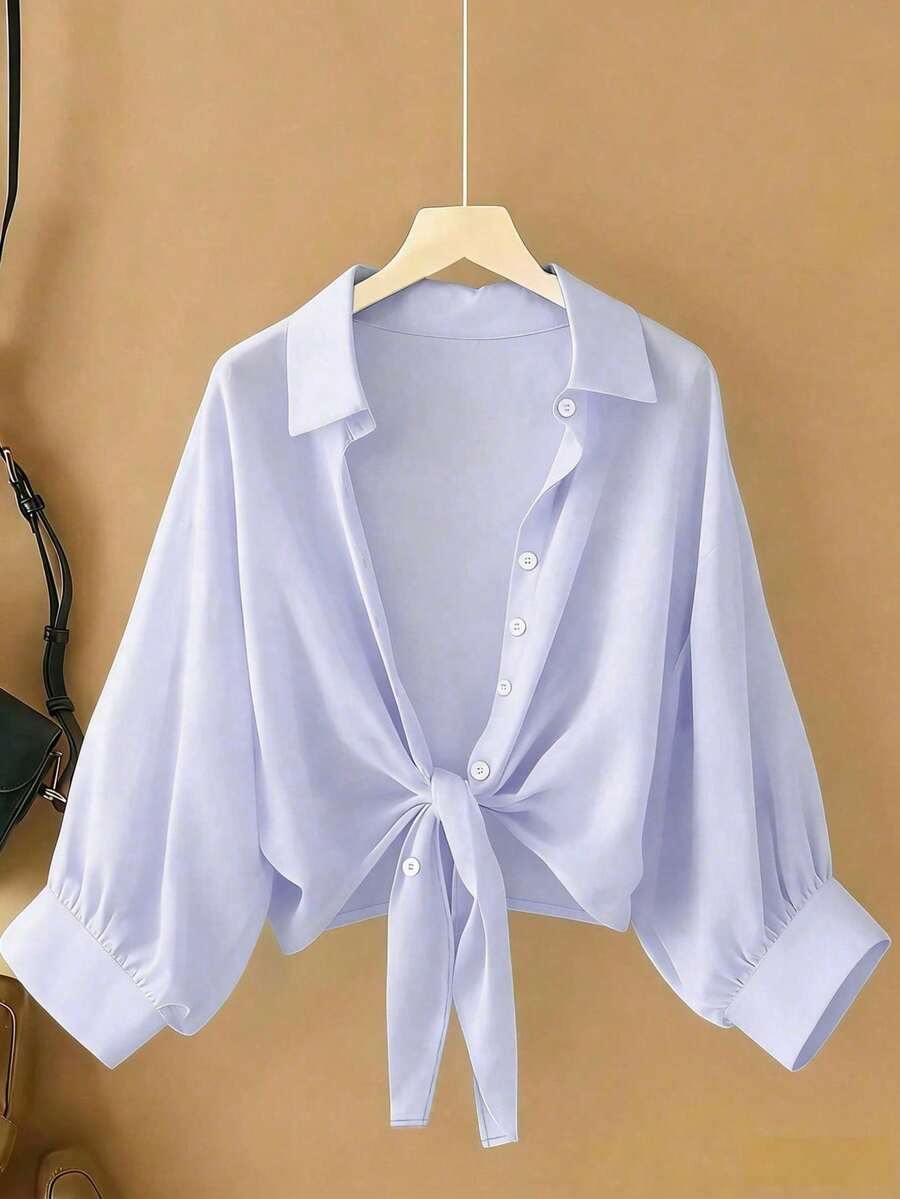 New Women's Casual Solid Color Chiffon Blouse With Short Batwing Sleeves - 淡紫色 - 查看 1