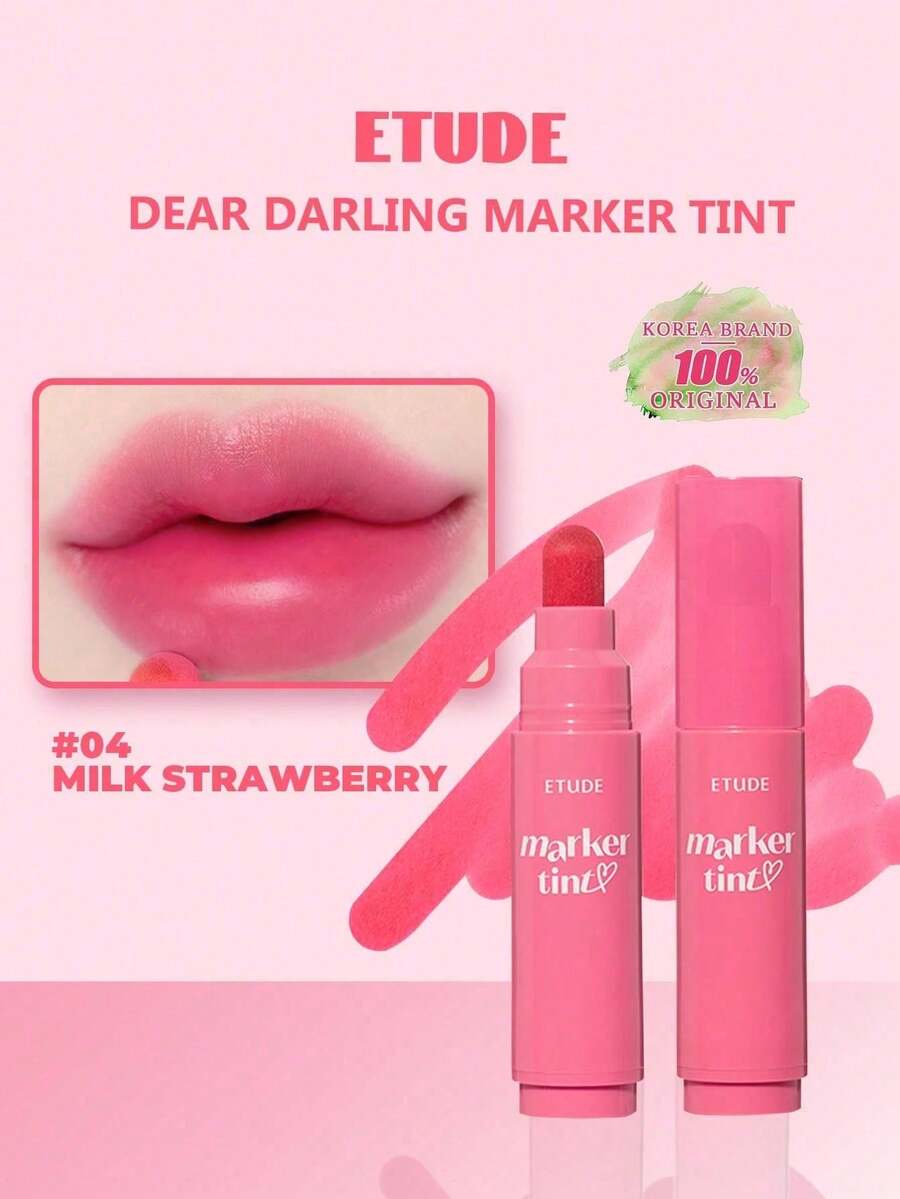 ETUDE Dear Darling 唇彩筆 04 牛奶草莓，高顯色唇彩筆，易繪筆尖，絲滑霧面塗抹，不染污，緞面唇染效果，純素，長效保濕，韓系彩妝，Olive Young，3.5g/0.12oz