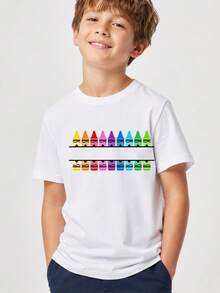 Kids' T-Shirt With Rainbow Crayon Print - Fun And Creative Style For School Or Art Activities - 白色 - 查看 1