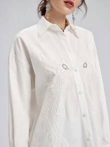 Rich Radi Q's Women's White Long Sleeve Shirt Collar Top, Elegant Embroidery Details, Autumn Fashion & Daily Wear Essential - White - View 7