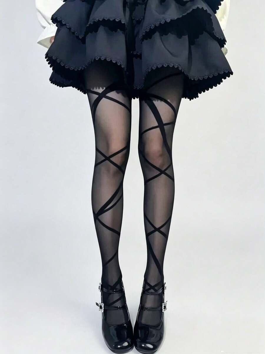 1pc Spring/Summer Thin Y2K Sexy Musical Note Print Tights - Multicolor - View 1